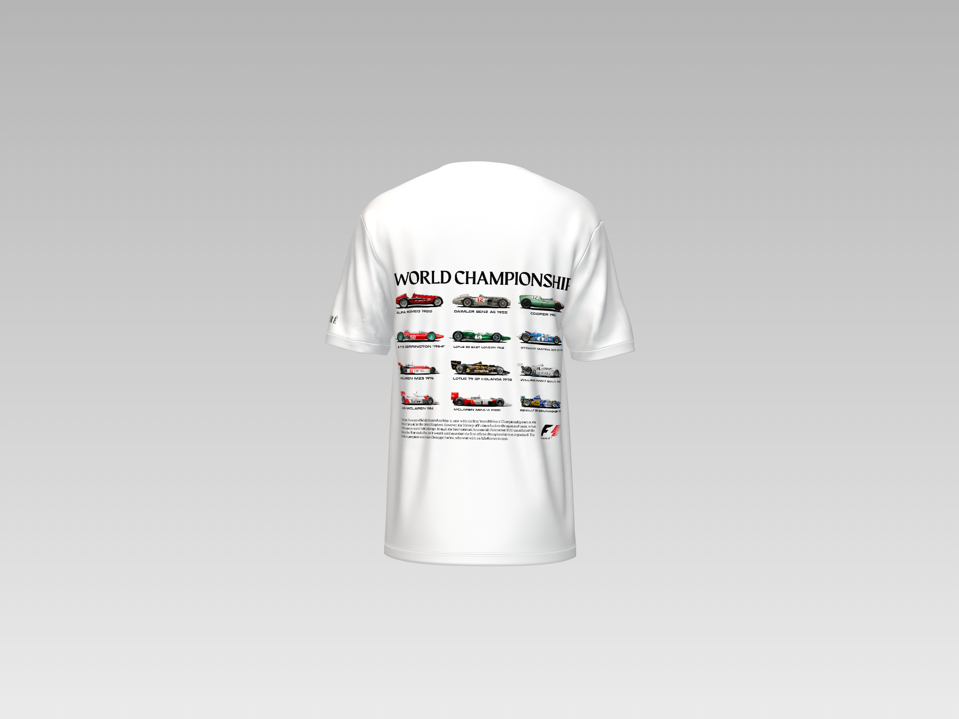 WORLD CHAMPIONSHIP F1 CARS  PRINTED T-SHIRT